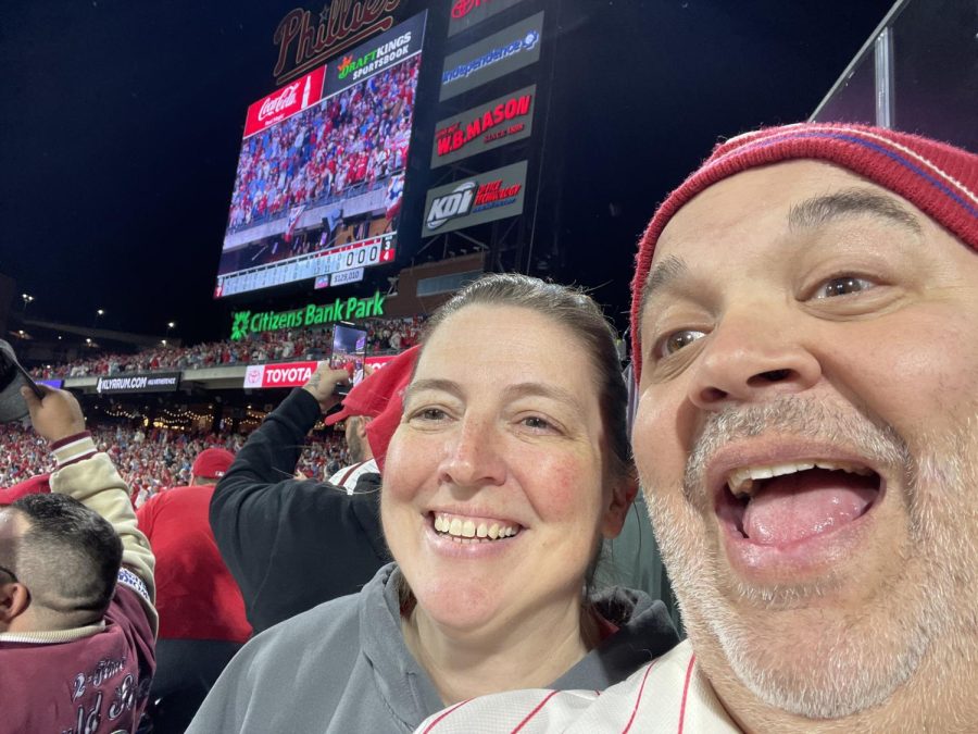 English teacher Mr. Brian Manelski snaps a selfie with his wife at Game 6 of the 2022 World Series between the Philadelphia Phillies and the Houston Astros. Although Philadelphia took this game, the Astros eventually won the Series in Game 7.